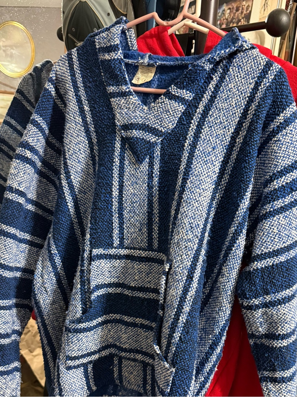 Blue Striped Baja Hoodie Poncho Surfer Hippie Pullover Unisex size Large (L)